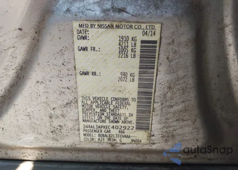 2014 Nissan Altima 2.5/2.5 S/2.5 Sl/2.5 Sv from USA, damaged, VIN 1N4AL3APXEC402922